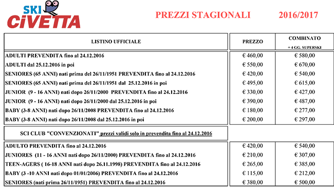 Convenzione skipass stagionali Civetta
