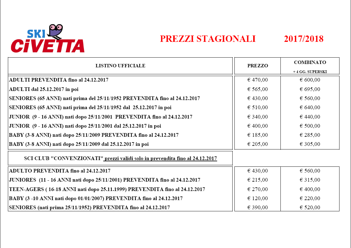 Convenzione skipass stagionali Civetta