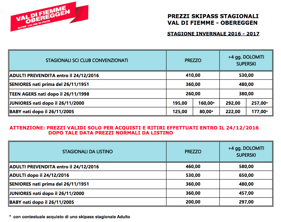 Convenzione skipass stagionali Fiemme Obereggen